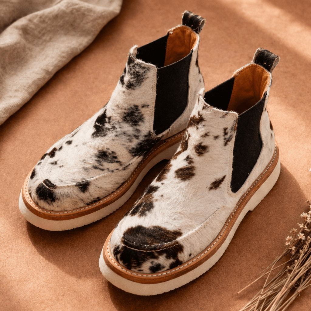 Pair of cowhide leather boots on a brown surface with a beige fabric and dried plants.