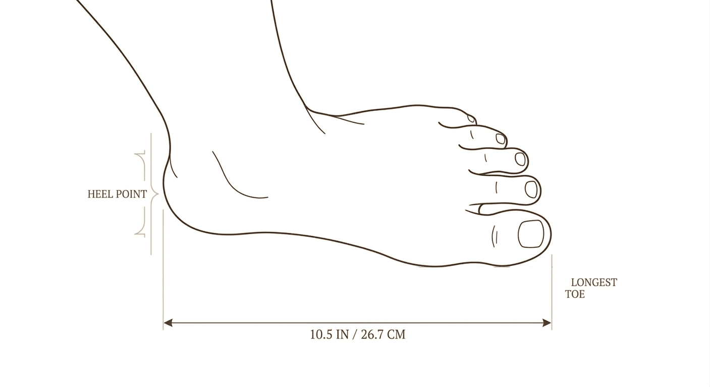 Diagram of a foot with labeled measurements on a white background